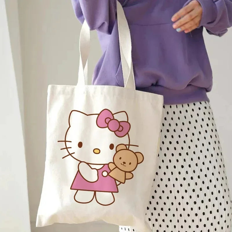 Hello Kitty Canvas Tote Bag Harajuku Y2k 90s Cartoon Girl Handbag Large Capacity Female Shoulder Bags Portable Travel Purse Gift