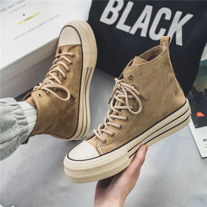 Vintage Brown Couples Casual Sneakers Comfort Suede Thick Sole Men's Shoes Trend Lace-up High Top Shoes Mens Vulcanized Sneakers