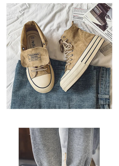 Vintage Brown Couples Casual Sneakers Comfort Suede Thick Sole Men's Shoes Trend Lace-up High Top Shoes Mens Vulcanized Sneakers