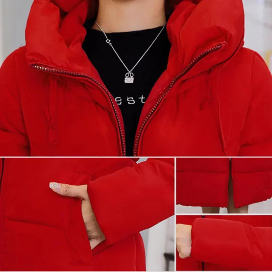 Women's Winter Long Parka Solid Color Thick Warm Hooded Cotton-padded Jacket Fashion Street Long Down Cotton-padded Jacket