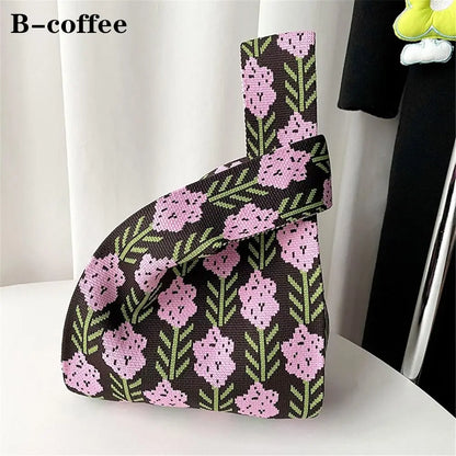 Flower Handmade Knit Handbags Women Knot Wrist Bag Casual Small Tote Bag Girls Reusable Shopping Bags