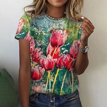 2023 Women's T-shirts Fashion Floral Theme T Shirt Floral Plants Tees Summer Clothing Basic Female Tops Print Oversized Pullover