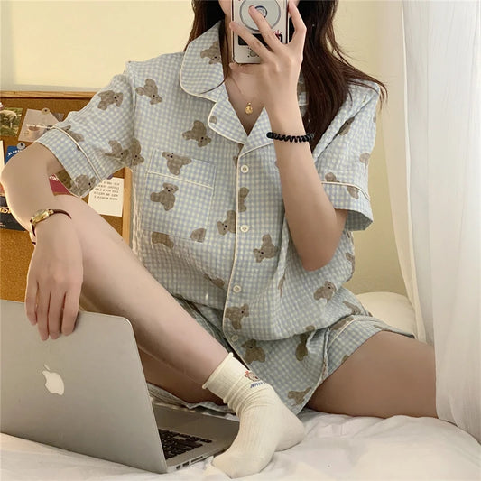 Women's Pajamas New Summer Short Sleeve Soft Sleepwear Set Grid Cartoon Printed Pyjama Woman Home Nightwear Set Cardigan