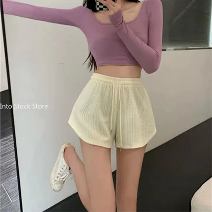 Women Shorts Summer High Elastic Lace Up Drawstring Wide Leg Sweat Short Fitness Running Shorts Loose Casual Large Sports Pants