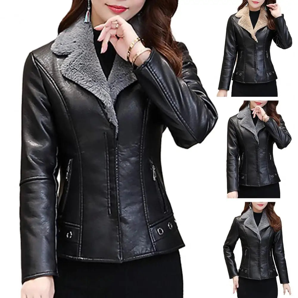 Plush Lapels Faux Faux Leather Jacket For Women Leater Jacket Spring Autumn Slim Fit Cardigan Coat Outerwear Lady Short Jacket