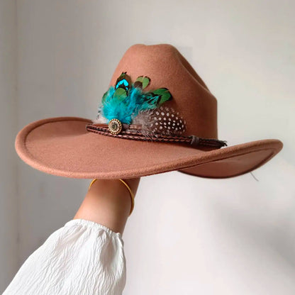 New 9CM Wide Brim Western Cowboy Hat For Men's Vintage Fascinator Cowgirl Jazz Hat Cloche Church Caps Sombrero Hombre