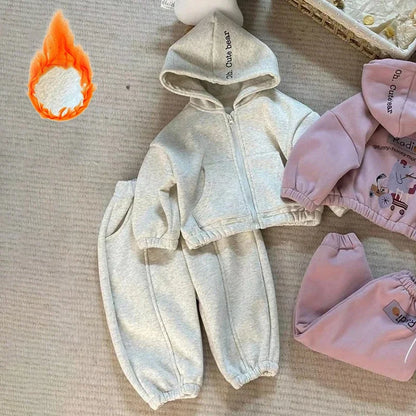 Children's Fleece Suit Tracksuit Set for Boy Girl Baby Clothes Fall  Sweatshirt Cartoon Bear Print Zipper Hoodie Pants Sportwear