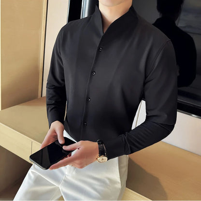 Brand Clothing Men's High Quality V-neck Long Sleeve Shirts Male Slim Fit Fashion Solid Color Office Dress Shirt 4XL-M