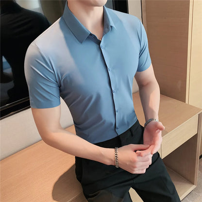 6colors High Quality New Solid High Elasticity Seamless Short Sleeve Shirts Men Slim Social Casual Business Formal Dress Shirt