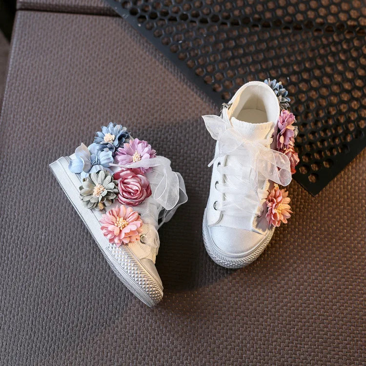 Beading Kids Shoes Autumn Children's Shoes Korean Flower Girls Canvas Shoes Casual Lace High Top Sneakers Sider Zipper