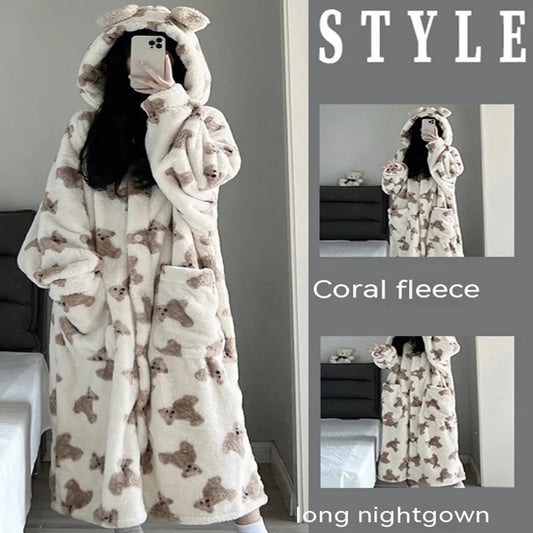 Autumn and Winter Thickened Models Coral Velvet Cardigan Pajamas Women Home Wear Girls Cute Bear Robe Long Section Hooded