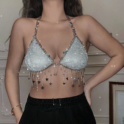 Glitter Rhinestone Star Tassel Tank Top For Women Sexy Backless V Neck Halter Camisole Rave Festival Party Club Crop Tops