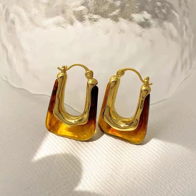 2023 New Fashion Korean Oversized Brown Drop Earrings for Women Bohemian U Shaped Golden Square Wedding Earrings Jewelry Gift