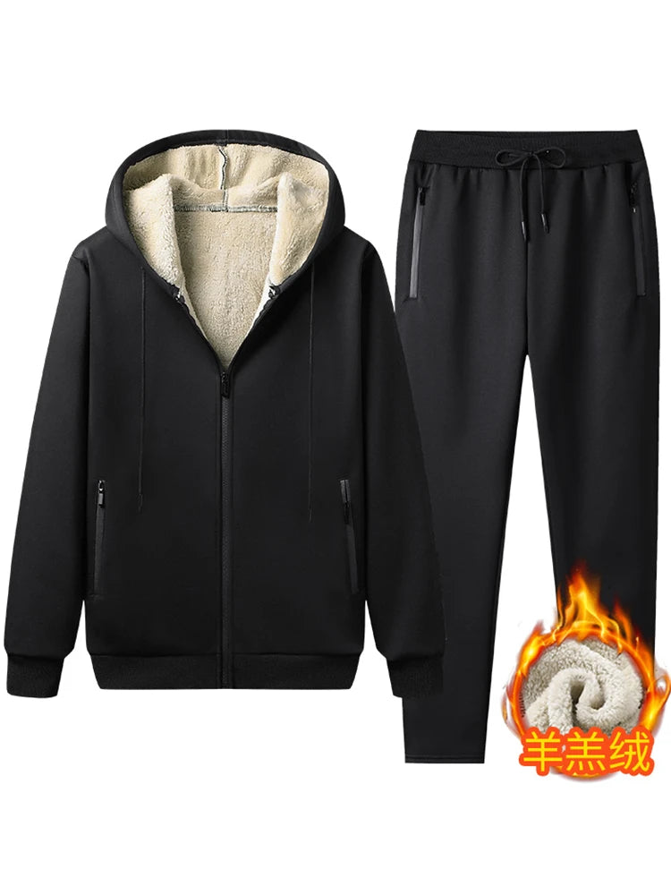 Winter Men Set Warm Thick Hooded Jacket+Pants 2PC Sets Men Lamb cashmere Hoodies Zipper Tracksuit Man Sports Suit Plus size 6XL