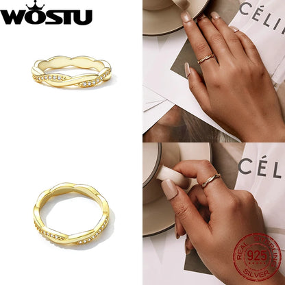 WOSTU 925 Sterling Sliver Wedding Rings 14K Gold Plated Cubic Zirconia Twisted Rope Eternity Band Ring for Women Size 6 7 8 R248