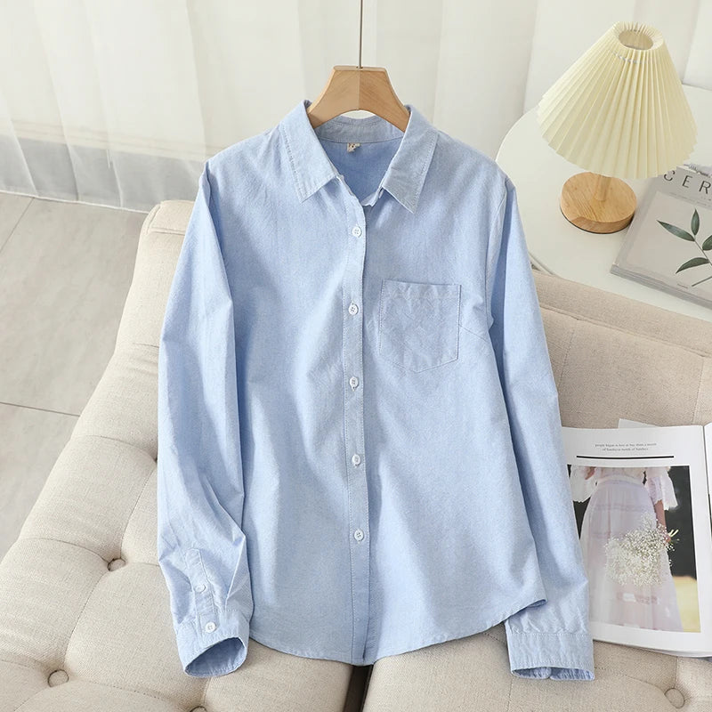 Women's Casual Cotton Oxford Shirt 2023 New Woman Striped Blouse and Tops Simple Solid Lady White Blue Shirts Clothes