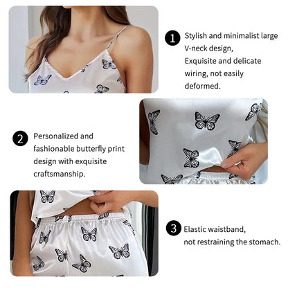 Women's Butterfly Print Cami Top with Pants Satin Pajama Set Sleepwear Women Pijama Pyjamas Summer Homewear Satin PJ Set