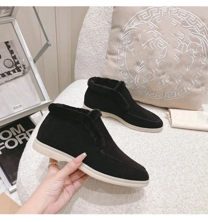 Women's Ankle Boots Black Boots Cow Suede Natural Fur Winter Boots Loafers Women's Slip-On Snow Boots