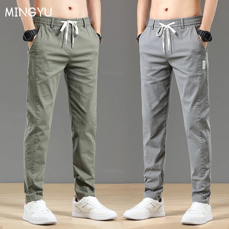 Spring Autumn Cottom Men's Pants Fashion Classic Drawstring Elastic Waist Jogging Stretch Casual Grey Cargo Trousers Male 28-38