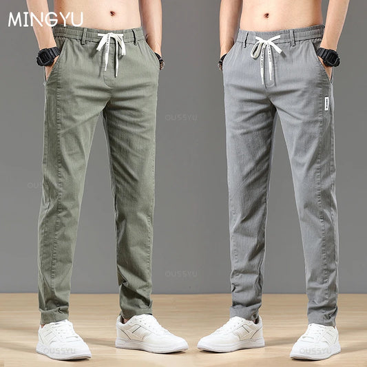 Spring Autumn Cottom Men's Pants Fashion Classic Drawstring Elastic Waist Jogging Stretch Casual Grey Cargo Trousers Male 28-38