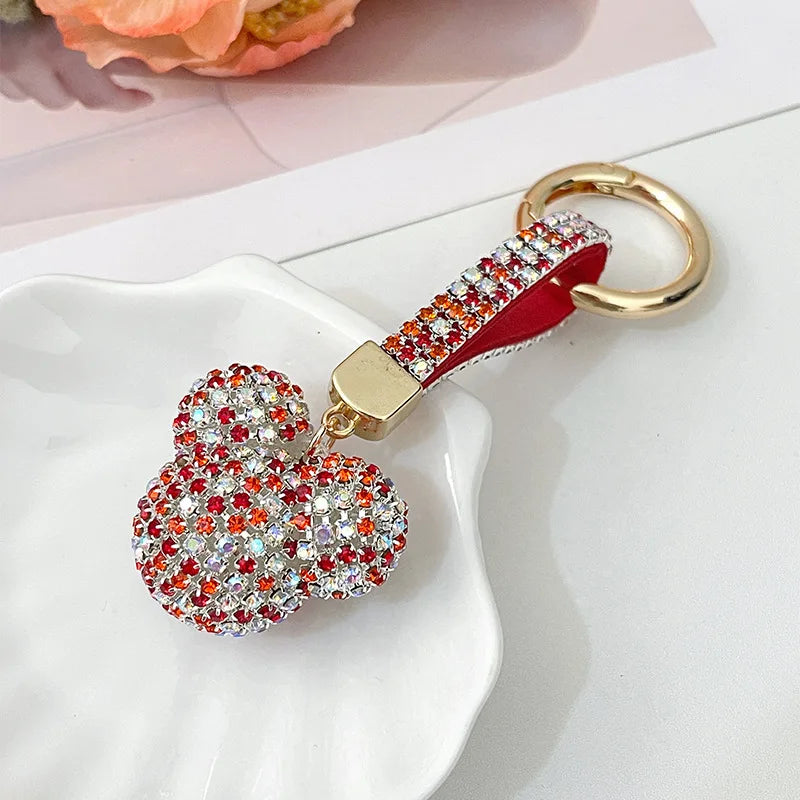 Light Luxury Rhinestone Mickey Head Keychain Crystal Leather Strap Women Bag Pendant Creative Car Keychain Lover Gift for Friend