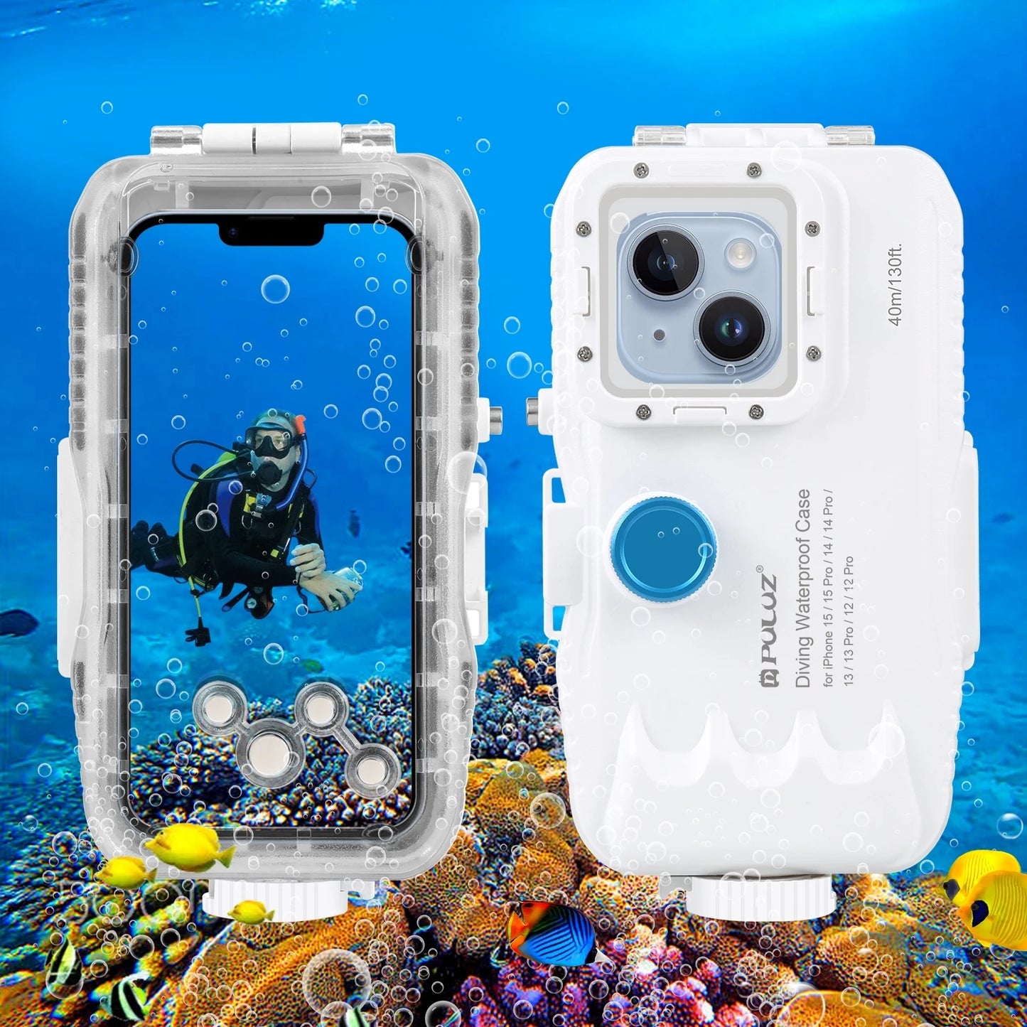 PULUZ 40m/130ft Waterproof Case for iPhone 15 14 Pro Max 15 14 Plus 15 14 13 12 11 Pro Max Diving Housing Underwater Cover