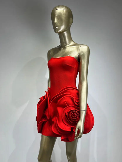 Summer Women Celebrity Sexy Strapless Backless Flower Red Mini Bandage Dress 2025 Knitted Elegant Evening Club Party Dress