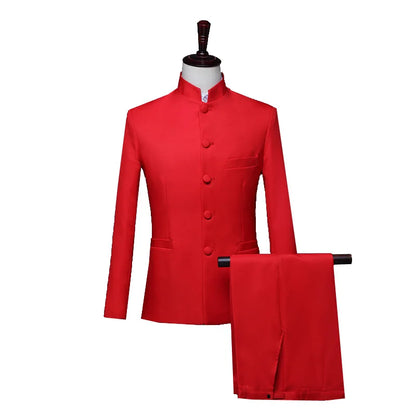 New Men Pure Colour Business Formal Wedding Banquet Suit 2 Piece Red / White Male Chinese Style Standing Collar Blazer Trousers