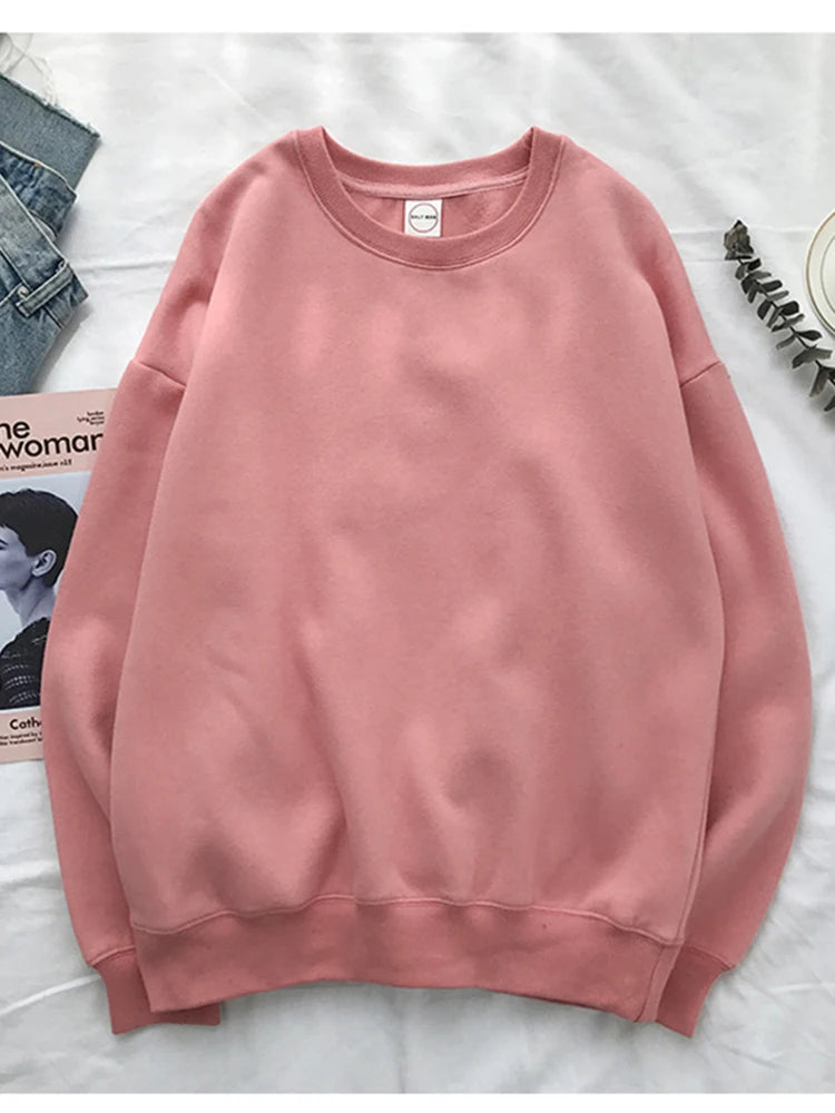 Woman Solid Color O-Neck Sweatshirt Casual Loose Fit Hoodie Harajuku Aesthetic Streetwear Velvet Pullover White Tops Korean Pop