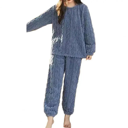 1 Set Winter Women Pajamas Warm Plush 2-Piece Sleepwear Set Stylish Solid Color Elastic High Waist Pullover Pajama Suit