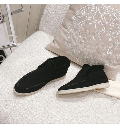 Women's Ankle Boots Black Boots Cow Suede Natural Fur Winter Boots Loafers Women's Slip-On Snow Boots