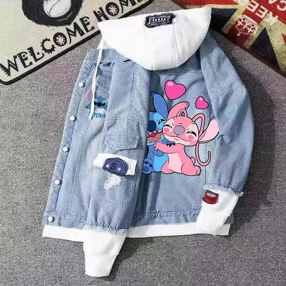 Lilo&stitch Hip Hop Men's Hooded Jean Jackets Women Outerwear Autumn Winter Coat Men Patchwork Denim Jacket Streetwear Clothes