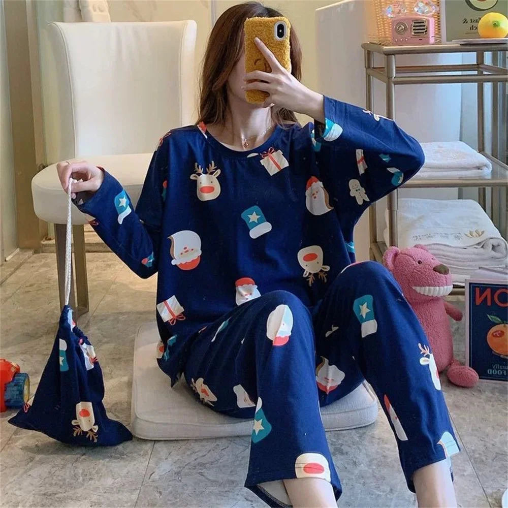 2PCS/Set Women's Clothes Spring and Fall Pajamas Long-Sleeved Cartoon Cute Sweet Floral Young Girl Homewear Outside Loungewear