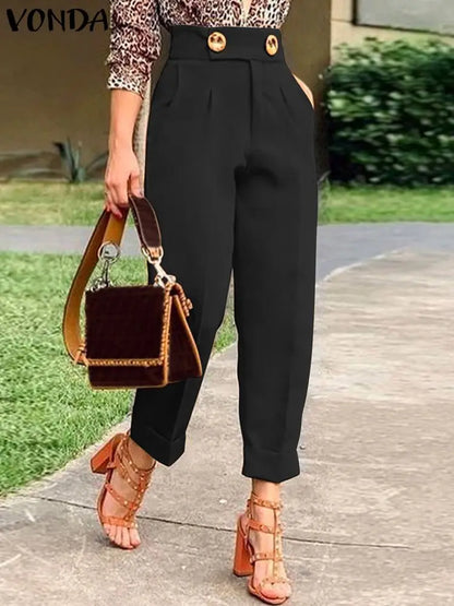 VONDA Elegant Pants Women High Waist Long Trousers 2024 Autumn Office Buttons Solid Color Pleated Casual Loose Trousers Oversize