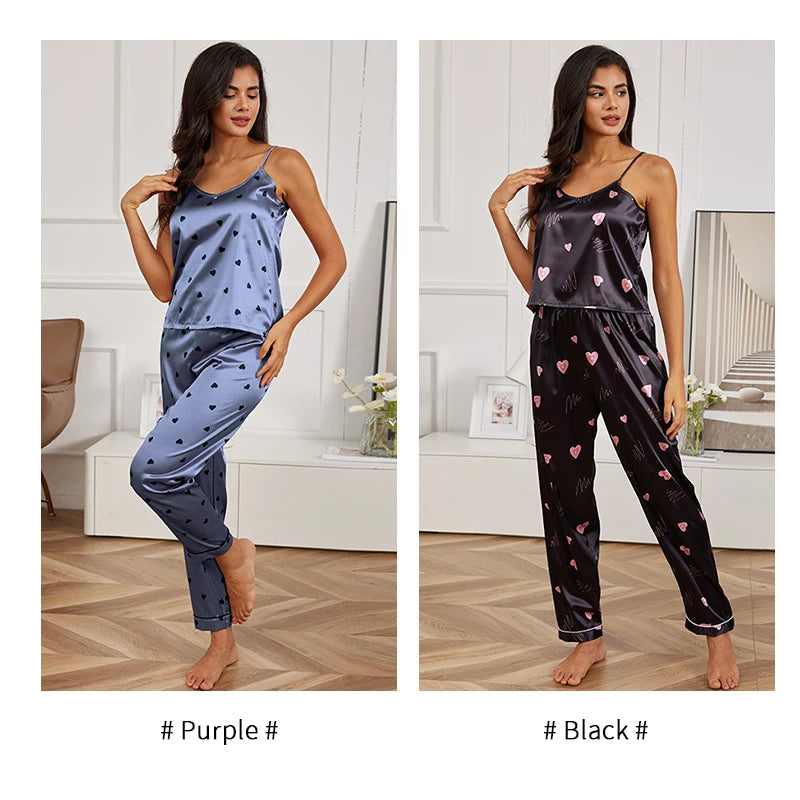 Women's Home Clothes Sexy V Neck Pajama Silk Pajamas Set Sleepwear Satin Cami Vest with Trousers Pajamas 2 Piece Sets Loungewear