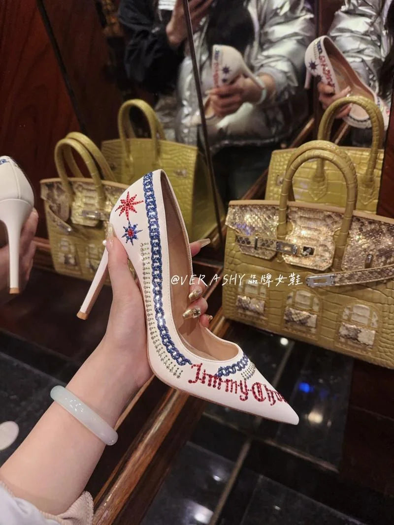 Spring and autumn new pointed shallow rhinestone embroidered single shoes thin high-heeled banquet dress small size women's shoe