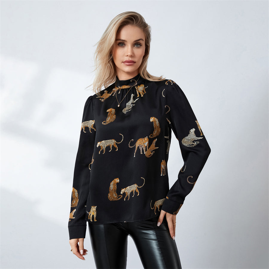 wsevypp Women's Spring Autumn Blouses Retro Leopard Print Long Sleeve Mock Neck Pullover Tops OL Business Basic Shirts