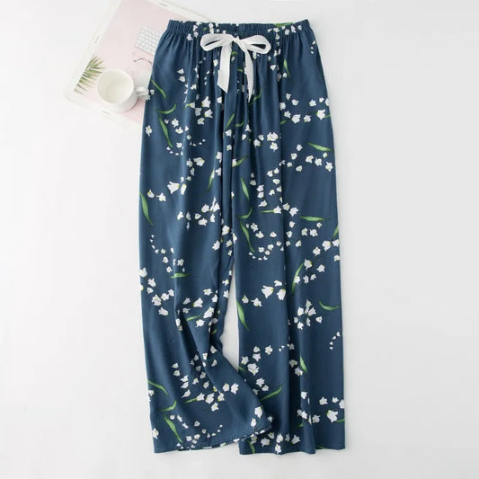 Pajama Pants Woman Cotton Silk Homewear Floral Trousers Outside Elastic Waist Casual Loose Sleeping Pants Cartoon Printing