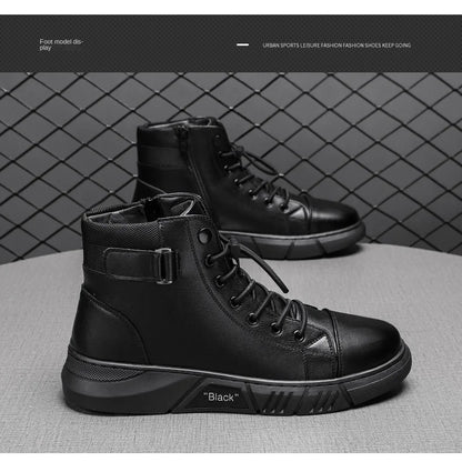 Men's Boots British Casual Platform Leather Boots for Men Black Motorcycle Boots Winter Comfortable Keep Warm Men Ankle Shoes