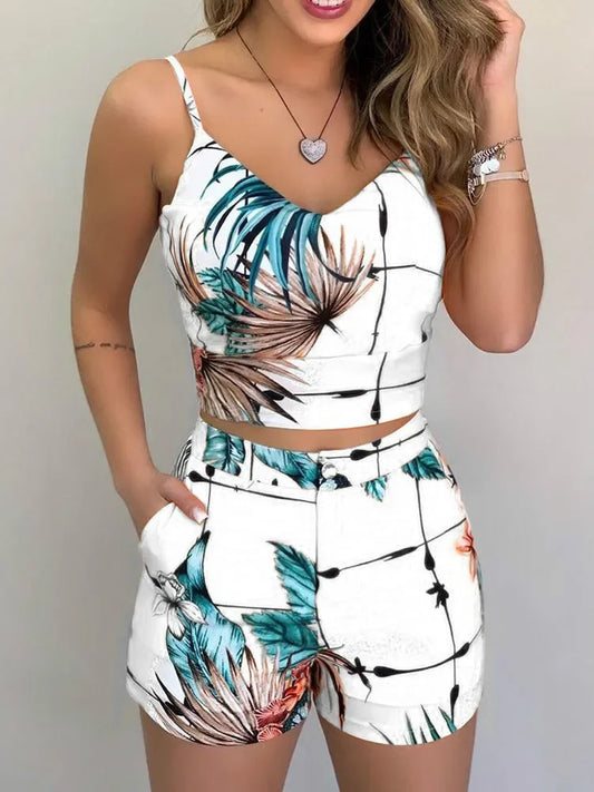 Print Spaghetti Strap Crop Top & Short Sets Casual Summer 2 Piece Outfits for Women