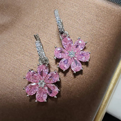 Pink Flower Sparkling Zircon S925 Sterling Silver Drop Earrings for Women Vintage Jewelry Wedding Engagement Hoop Earrings Gifts