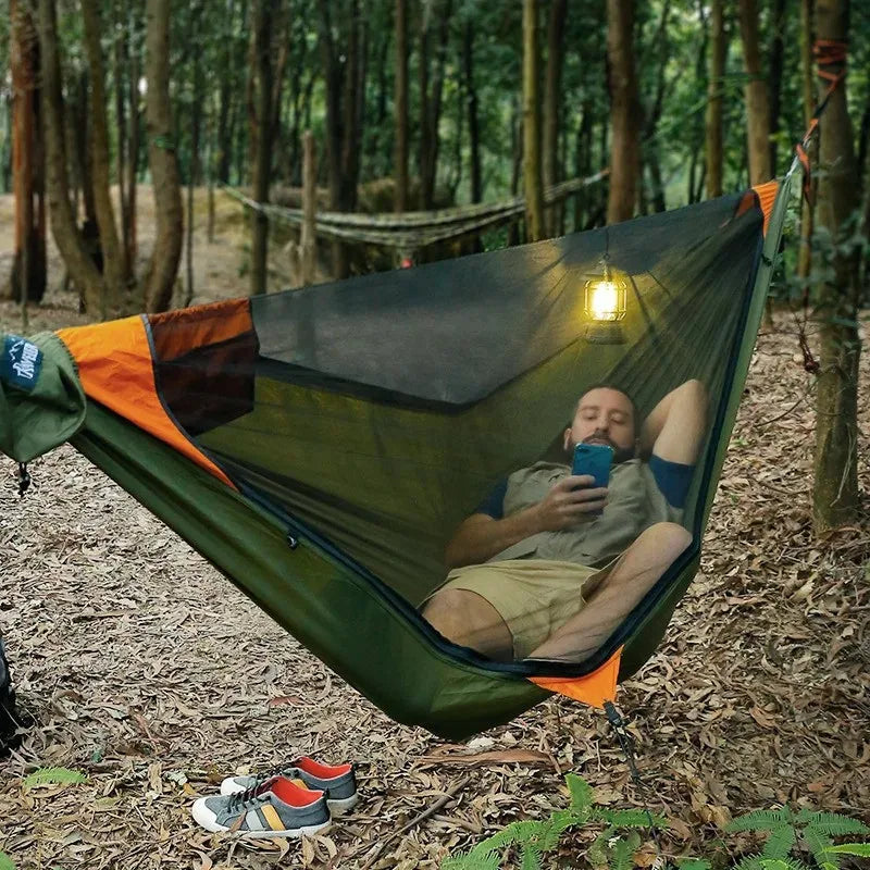 New Travelers camping outdoors with mosquito net hammocks, increased anti roll over speed, anti mosquito hammocks