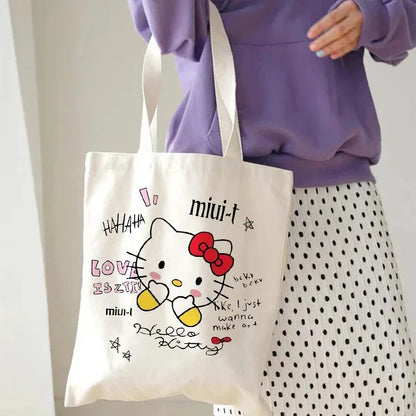 Hello Kitty Canvas Tote Bag Harajuku Y2k 90s Cartoon Girl Handbag Large Capacity Female Shoulder Bags Portable Travel Purse Gift