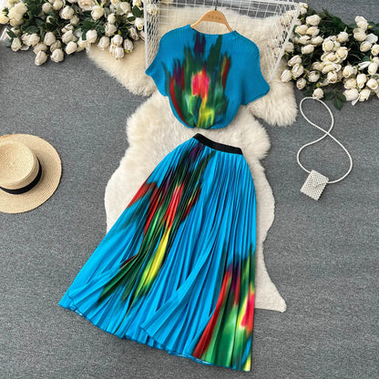 New Summer Runway Pleats Floral Print Two Piece Set Women Half High Collar Stretch Top+Elastic Waist Long Pleated Skirt Outfits