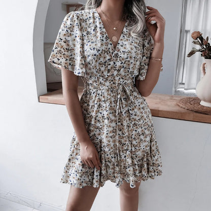 Summer 2024 new style women floral dress bubble sleeve French retro V-neck high-end chic design A-line skirt girls short dress