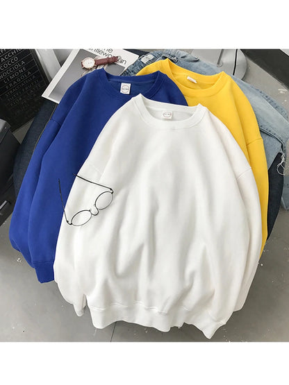 Woman Solid Color O-Neck Sweatshirt Casual Loose Fit Hoodie Harajuku Aesthetic Streetwear Velvet Pullover White Tops Korean Pop