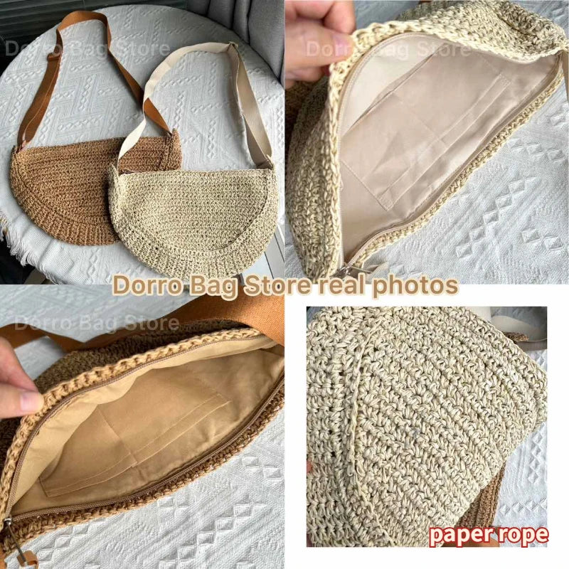 Simple Paper Rope Women's Shoulder Bags Summer Fashion Straw Semicircle Crossbody Bag Casual Beach Woven Handbags Underarm Bag