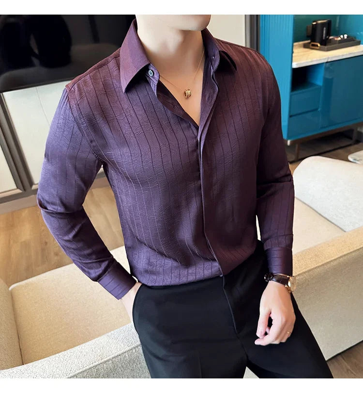 Luxury Korean Pleated Stripe Shirts For Men's High Quality Long Sleeve Slim Fit Casual Shirt Formal Social Party Tuxedo 4XL-M