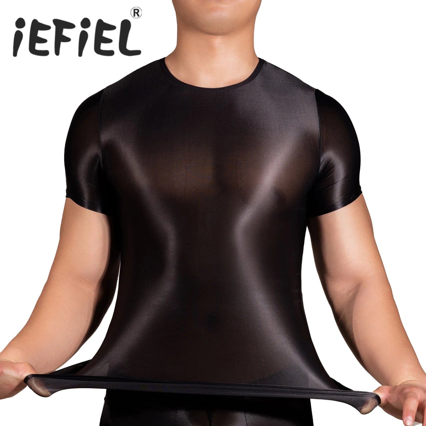 Mens Glossy Crop Tops Stretchy Ultra-Thin T-Shirt Short Sleeve Fitting Top for Sportswear Swimming Bodybuilding Gym Yoga Workout