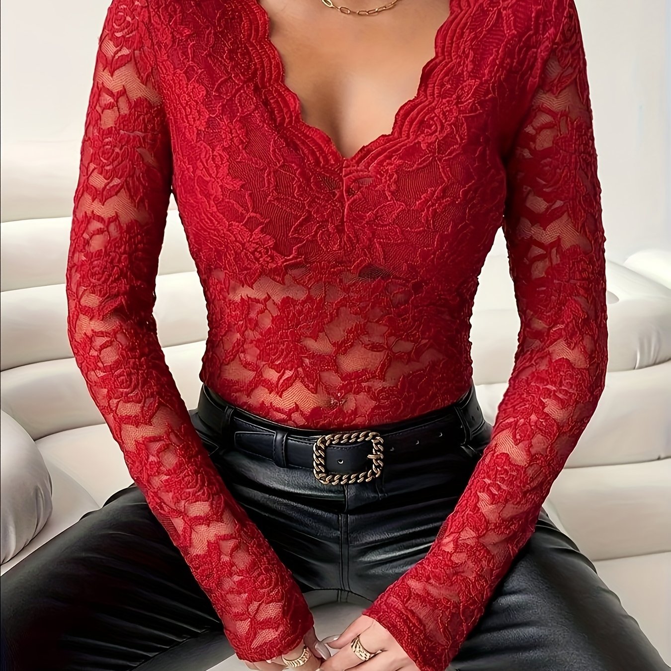 Sexy Sheer Stretch Lace V-Neck T-Shirt for Women - Chic, Perfect for All Seasons